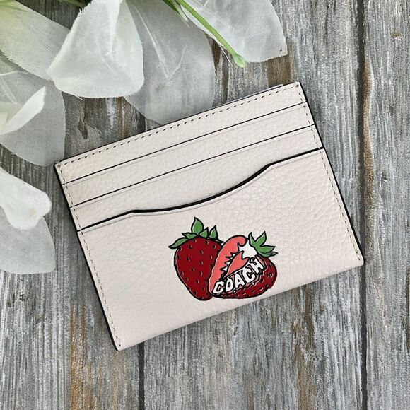 Coach Slim Id Card Case With Strawberry Graphic Wallet Bag Purse - Picture 1 of 10